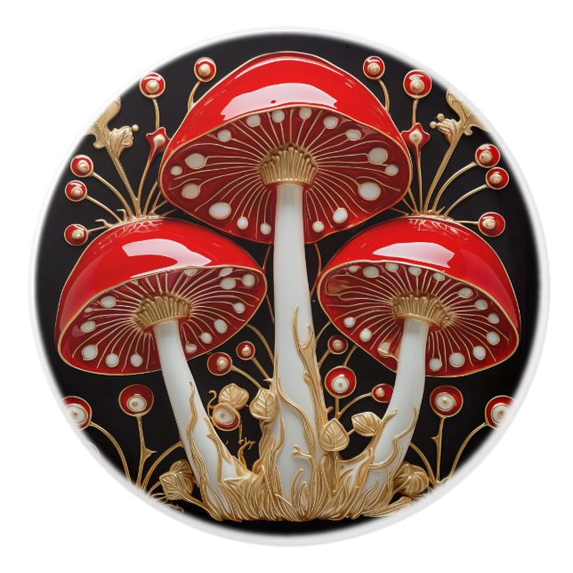Bouton De Porte En Céramique Red Gold Amanita Muscaria Mushroom 3D Effet (Devant)