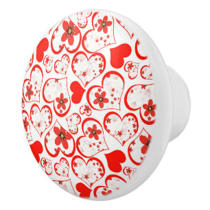 Bouton De Porte En Céramique Red Hearts and flowers on a white