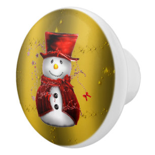 Bouton De Porte En Céramique Red Snowmen en or