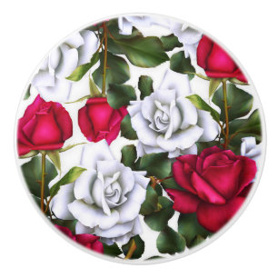 Bouton De Porte En Céramique Red & White Roses Shabby Chic Rustic Modern Glam