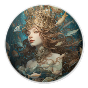 Bouton De Porte En Céramique Reine Sirène Et Poissons Sous La Mer