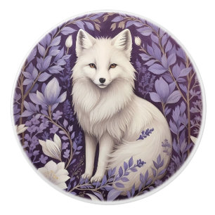 Bouton De Porte En Céramique Renard arctique blanc Fleurs de lavande William Mo