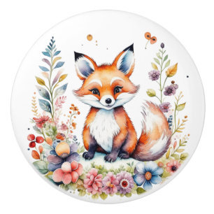 Bouton De Porte En Céramique Renard Bébé Mignon avec Fleurs Créatures de la For