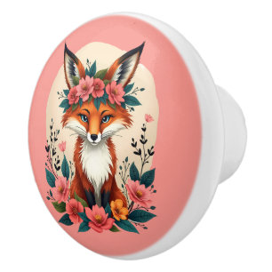 Bouton De Porte En Céramique Renard Bohème Fantaisiste avec Couronne Florale de