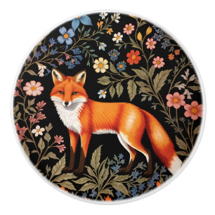 Bouton De Porte En Céramique Renard Élégant Fleur Florale de Couleur Noire