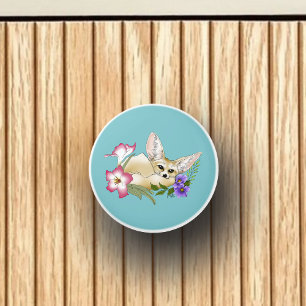 Bouton De Porte En Céramique Renard Fennec Fleurs Rose Violet Mignon Bleu Botan