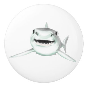 Bouton De Porte En Céramique requin aquarelle souriant gris vert océan animal