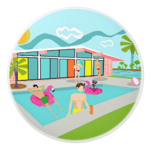 Bouton De Porte En Céramique Retro Gay Pink Flamant rose Pool Party