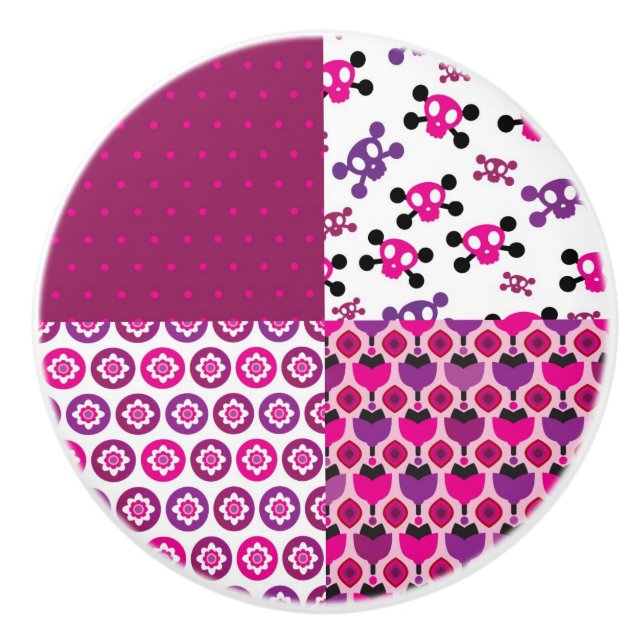 Bouton De Porte En Céramique Rétro point de polka de crâne de fleur (Devant)