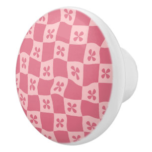 Bouton De Porte En Céramique Retro rose À damiers motif floral