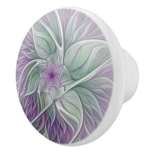 Bouton De Porte En Céramique Rêve de fleurs, Abstrait violet vert Fractal Art