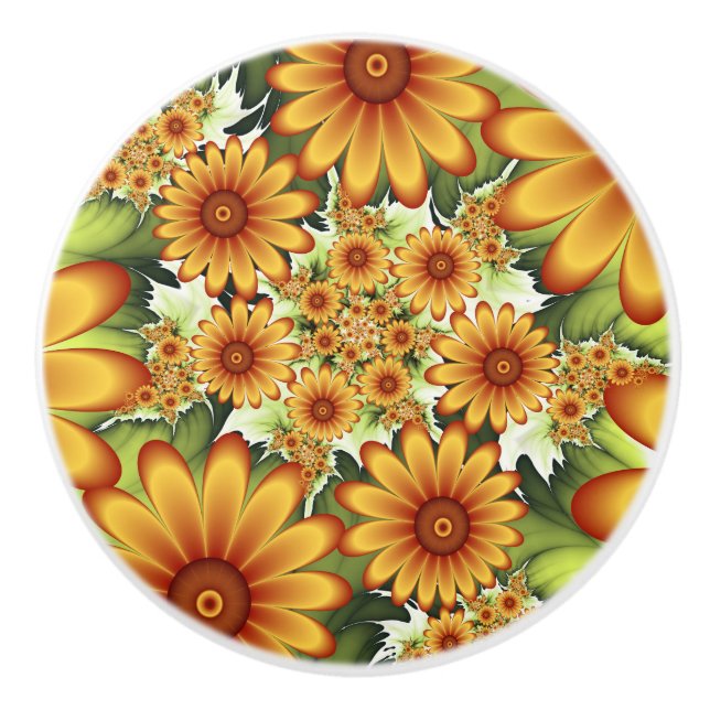 Bouton De Porte En Céramique Rêve Floral, Art Fractal Moderne Abstrait Fleur (Devant)