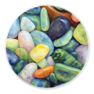 Bouton De Porte En Céramique Rivière colorée Galets Abstraite Nature Aquarelle