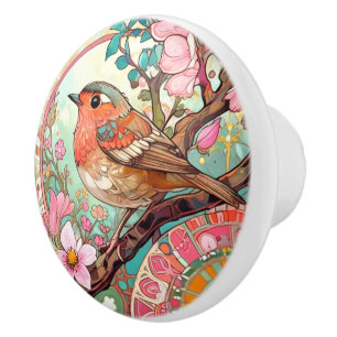 Bouton De Porte En Céramique Robin Oiseau de la poitrine rose Fleurs de printem