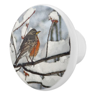 BOUTON DE PORTE EN CÉRAMIQUE ROBIN PERCHÉ SUR LA BRANCHE DE NEIGE CÉRAMIQUE KNO