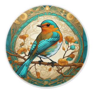 Bouton De Porte En Céramique Robin Red Breast Bird Art Nouveau Art Déco Mint