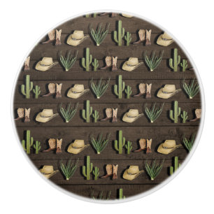 Bouton De Porte En Céramique Rodeo Western Cowboy Rustique en Bois