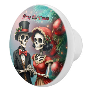 Bouton De Porte En Céramique Romance d'os de Noël, un couple de squelettes de f