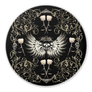 Bouton De Porte En Céramique Romance gothique victorien crâne ailes et roses bl