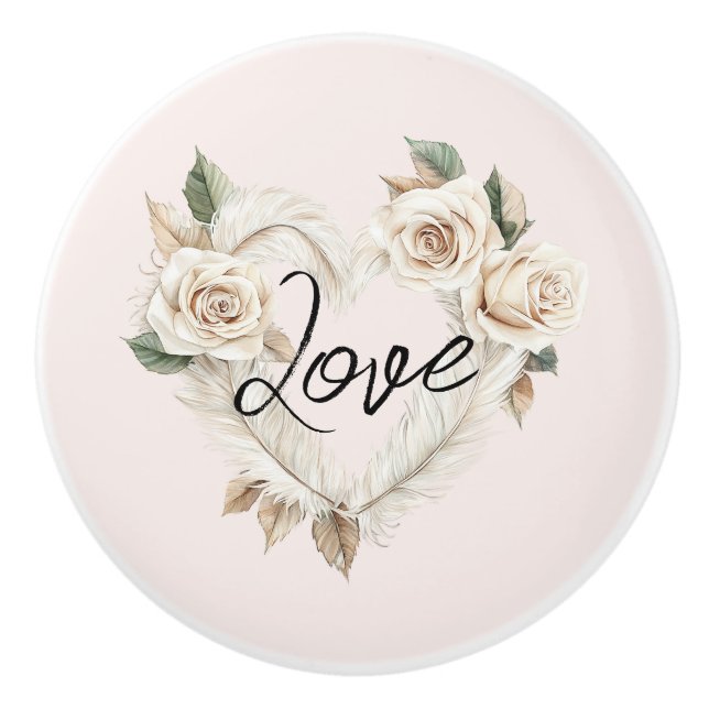Bouton De Porte En Céramique Romantic Blush Roses Feathers Heart Love (Devant)