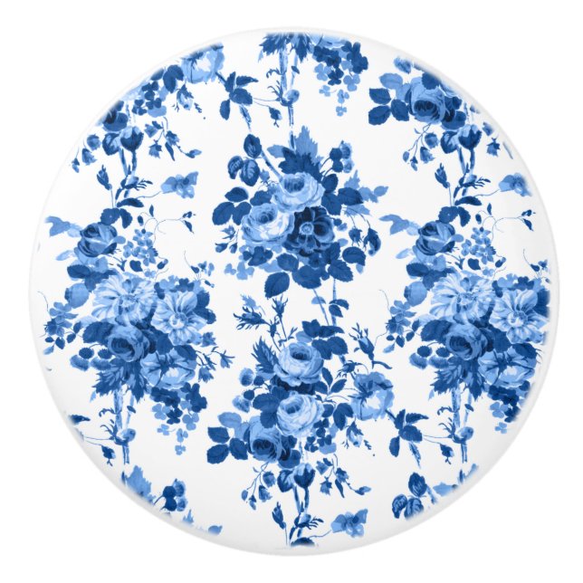 Bouton De Porte En Céramique Romantique Vintage Roses-Bleu sur Blanc (Devant)