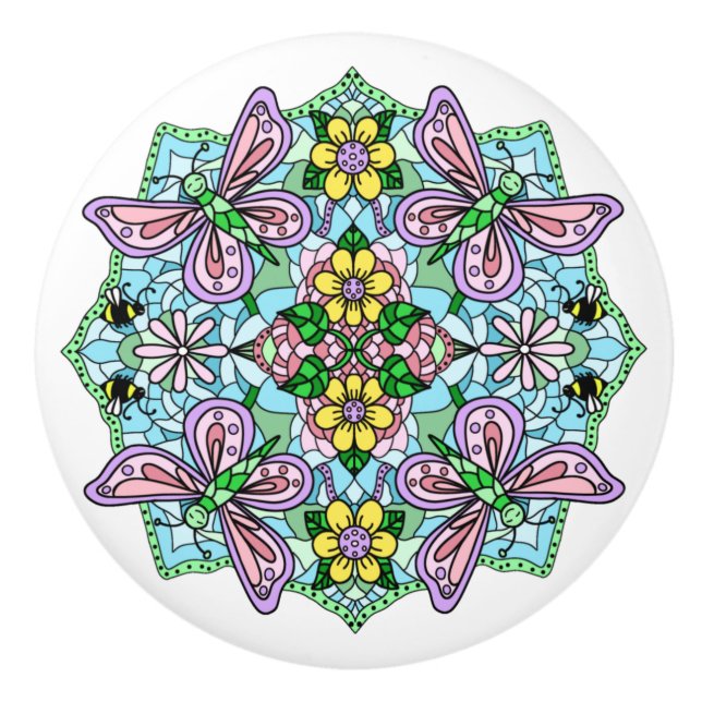 Bouton De Porte En Céramique Rose, Bleu, Papillons violets, Fleurs Mandala (Devant)