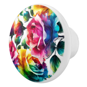 Bouton De Porte En Céramique Rose de l'arc-en-ciel Fleur colorée vibrante 