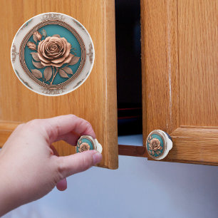 Bouton De Porte En Céramique Rose en cuivre encadrée