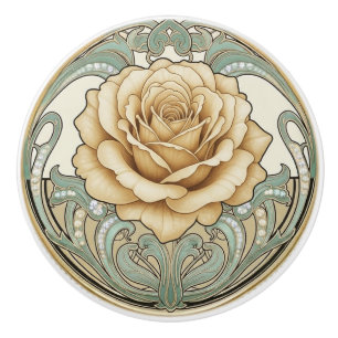 Bouton De Porte En Céramique Rose Fleur Vert Crème Or Art Déco Nouveau