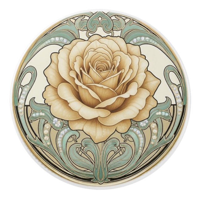 Bouton De Porte En Céramique Rose Flower Green Cream Gold Art Deco Nouveau (Devant)