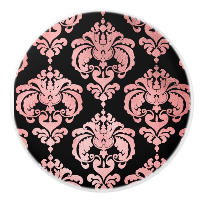 Bouton De Porte En Céramique Rose Gold & Black Damask Élégant Dresser Chambre (Devant)