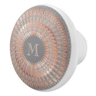 Bouton De Porte En Céramique Rose Gold Grey Modern Mandala Initial