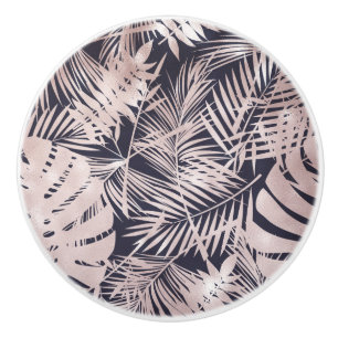 Bouton De Porte En Céramique Rose Gold Pink Dark Tropical Palm Tree Leaves