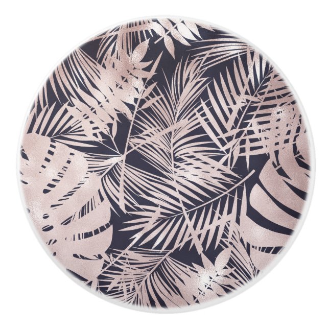 Bouton De Porte En Céramique Rose Gold Pink Dark Tropical Palm Tree Leaves (Devant)