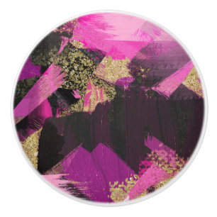 Bouton De Porte En Céramique Rose Pailleté Or Noir Pinceau Moderne Glam Grunge