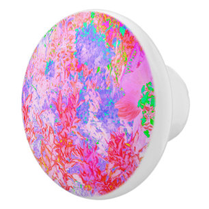 Bouton De Porte En Céramique Rose pastel et rouge avec paysage d'hortensia bleu