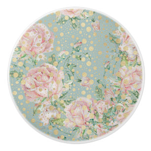Bouton De Porte En Céramique Rose rose pois floral or turquoise élégant vinta