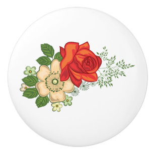Bouton De Porte En Céramique Rose rouge et marguerites