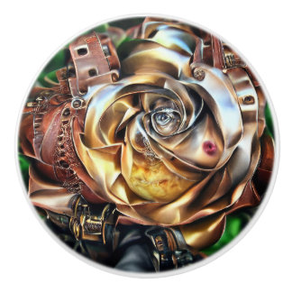 Bouton De Porte En Céramique Rose Steampunk avec visage surréaliste - Flor méca