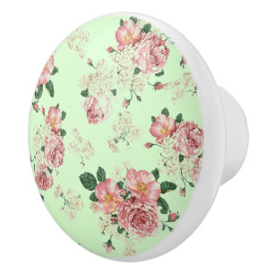 Bouton De Porte En Céramique Rose sur Vert Vintage Floral