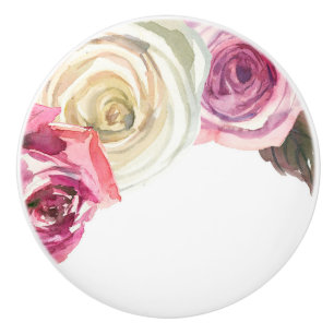 Bouton De Porte En Céramique Roses Aquarelle Rose & Blanc Floral Chic Glam