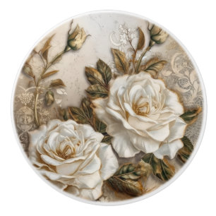 Bouton De Porte En Céramique Roses Blanches