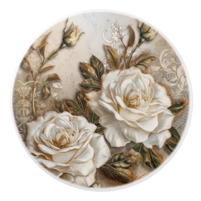 Bouton De Porte En Céramique Roses Blanches (Devant)