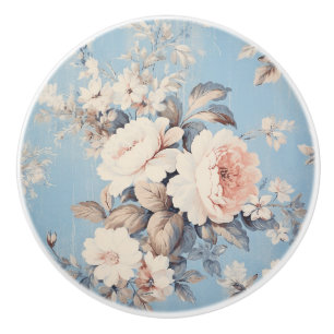 Bouton De Porte En Céramique Roses blanches sur Arrière - plan bleu rustique
