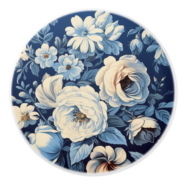 Bouton De Porte En Céramique Roses blanches sur Indigo Arrière - plan bleu (Devant)