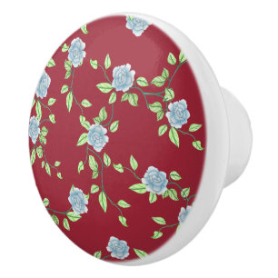 Bouton De Porte En Céramique Roses bleus et vignes vertes Ceramic personnalisé