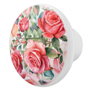 Bouton De Porte En Céramique Roses d'aquarelle rose romantique