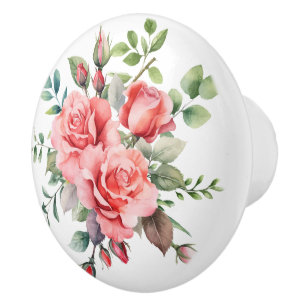 Bouton De Porte En Céramique Roses d'aquarelle rose romantique