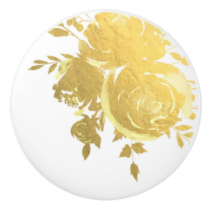 Bouton De Porte En Céramique Roses dorées Faux Feuille Élégant Moderne Floral G