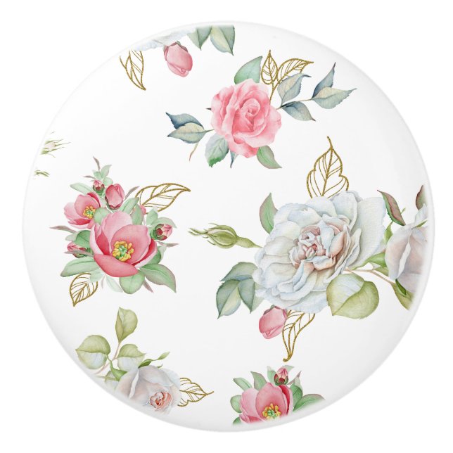 Bouton De Porte En Céramique Roses élégants avec Feuilles gravés or (Devant)